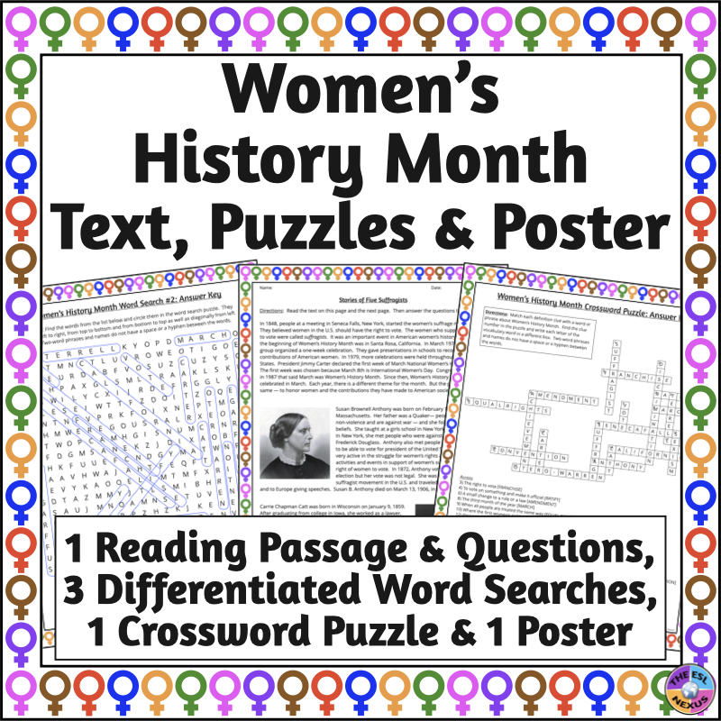 Title of resource in black text at top with images of word search puzzle, reading passage & crossword puzzle in middle, with more info about the resource in smaller black text underneath