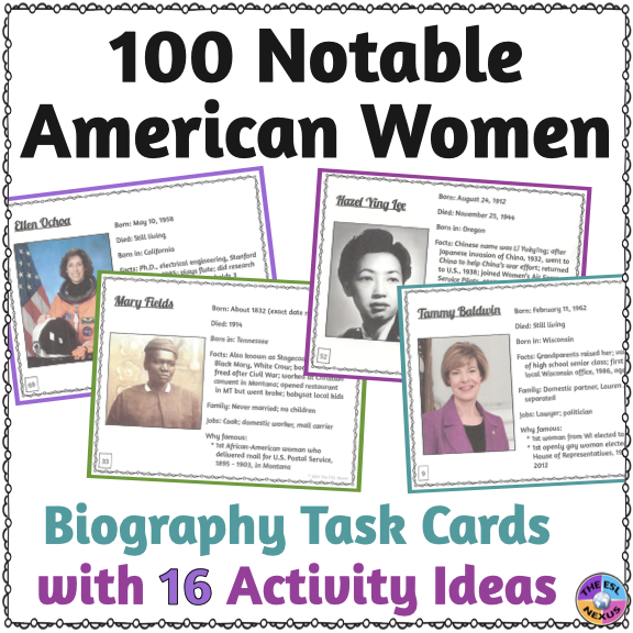 Cover of TPT resource about 100 American women, with text in black at top, 4 task cards of women at different angles below the text, and more descriptive text in blue and purple at bottom of cover