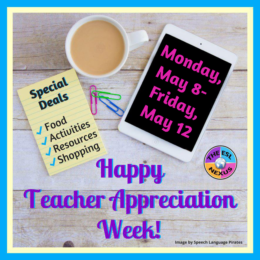 Overhead image showing yellow notepad announcing Special Deals, coffee in cup, and tablet saying dates of 2023 Teacher Appreciation Week. Background is white wood with a few color paper clips scattered on it.