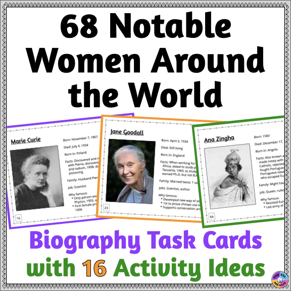 Cover of TPT resource about international women, with title in black text at top, 3 task cards in center, and more descriptive text in green and purple at bottom