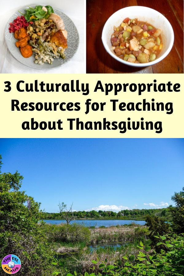 Top left shows photo of a turkey dinner and top right shows a photo of a Native meal of the "three sisters," title text is underneath on a pale yellow background, and the bottom half shows a view of a river near Plymouth, MA