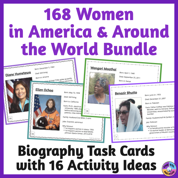 cover of bundle of 2 TPT resources about US & international women, with 4 task cards in center and more explanation about the product at the bottom