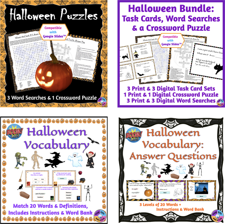 Image of 4 covers of TpT Halloween resources by The ESL Nexus