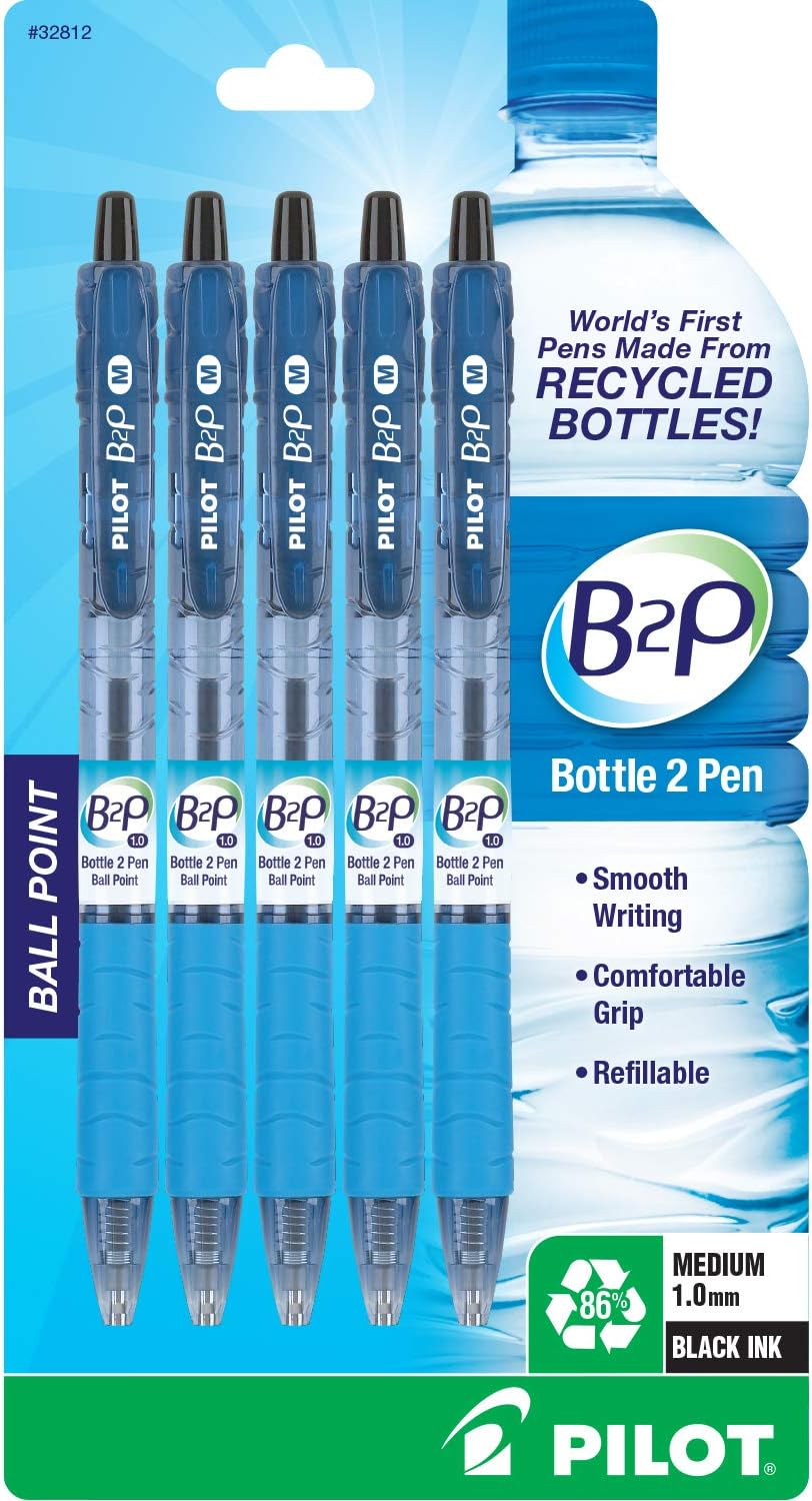 PILOT B2P - Bottle to Pen Refillable & Retractable Ball Point Pen Made From Recycled Bottles, Medium Point, Black Ink, 5-Pack (32812)