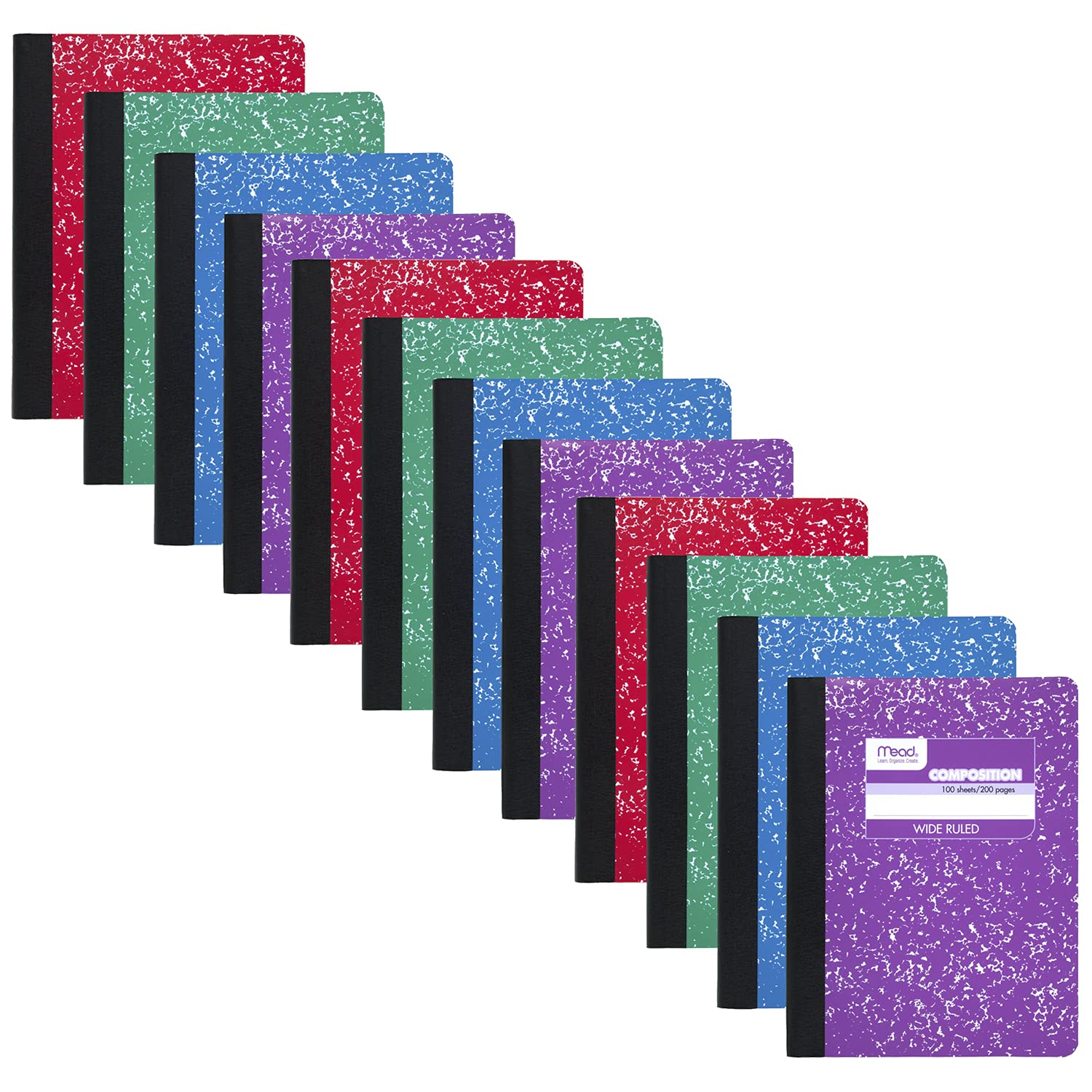 Mead Composition Notebooks, 12 Pack, Wide Ruled Paper, 9-3/4" x 7-1/2", 100 Sheets per Comp Book, Color Will Vary (73389)