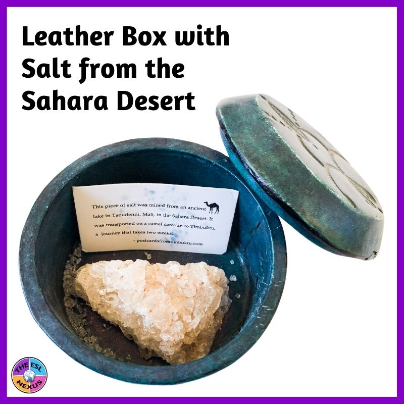 Picture of leather box containing salt from the Sahara Desert