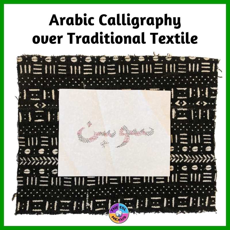 Picture of mudcloth from Mali and poster of Arabic calligraphy on top