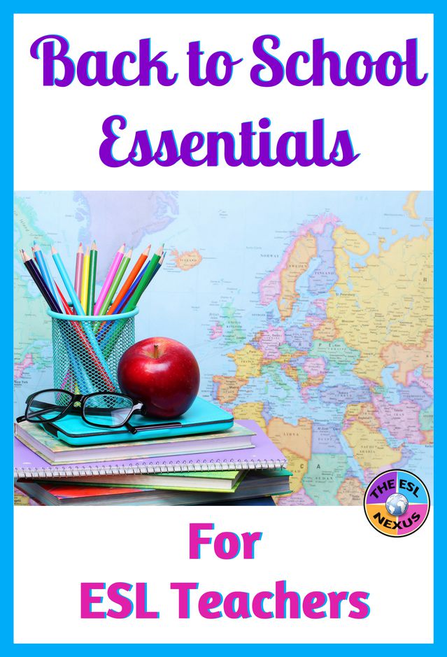 Image of world map in background, colored pencils in mesh holder on desk next eyeglasses and a red apple, with title text in purtple at top