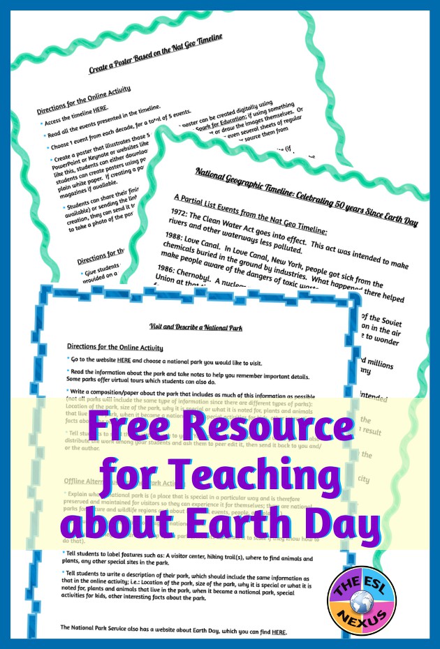 Find ideas for online & offline activities for teaching about Earth Day and the environment in this blog post. Links to other blog posts about the environment also included. | The ESL Nexus