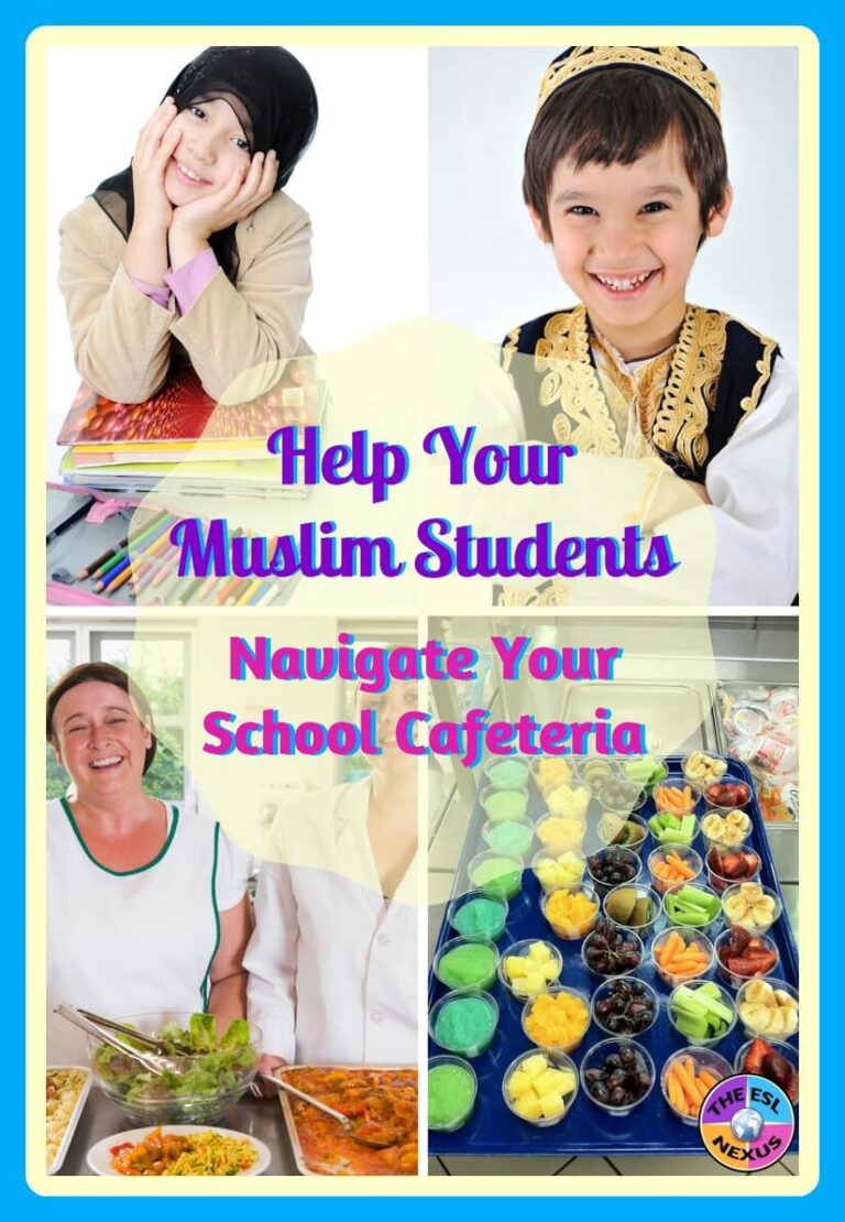 Photos of Muslim kids plus adults in school cafeteria and food served in cafeteria.