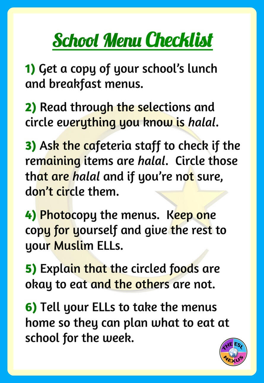 Image of checklist with 6 things educators can do to help their Muslim students figure out what they can eat in a school calendar