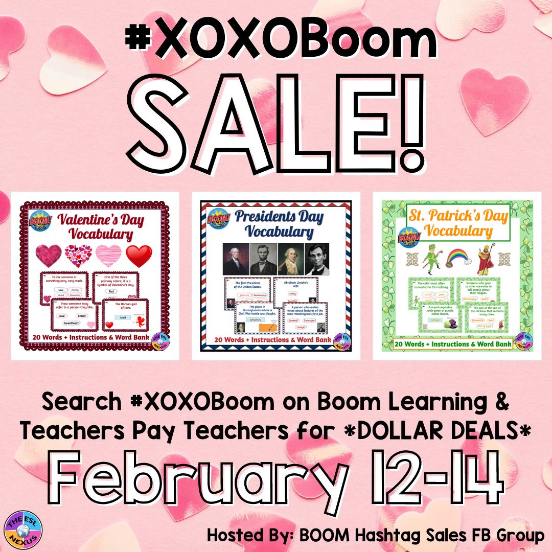 Announcement of the Boom Learning #XOXOBoom sale on 2/12-14/23, showing the 3 Valentine