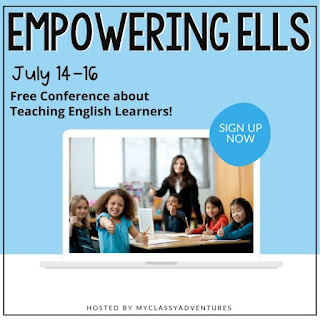 Image with info about the Empowering ELLs conference, with title and July 14-16 dates for the conference at the top plus info saying it