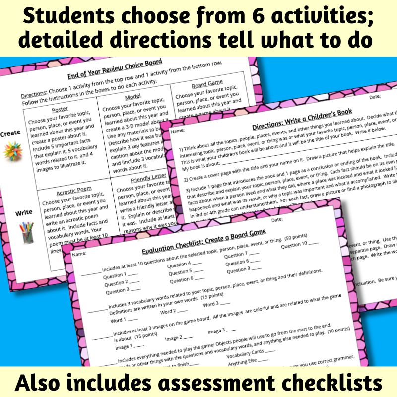 On a pale yellow background, text IDs 2 images underneath as the choice board and instructions for 1 activity; at the bottom of the image, more text on a pale yellow background says assessment checklists are also included and that refers to the 3rd image in the graphic; all 3 images are angled at 10 degrees and are on a light blue background.