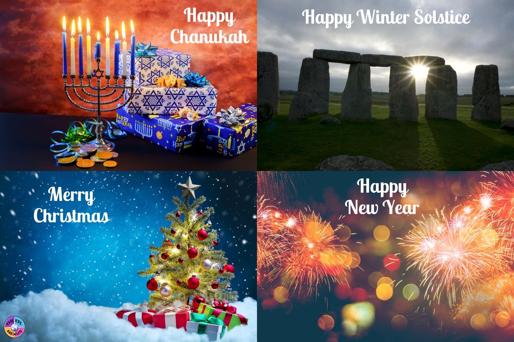 4 images wishing Happy Hanukkah, Happy Winter Solstice, Merry Christmas & Happy New Year