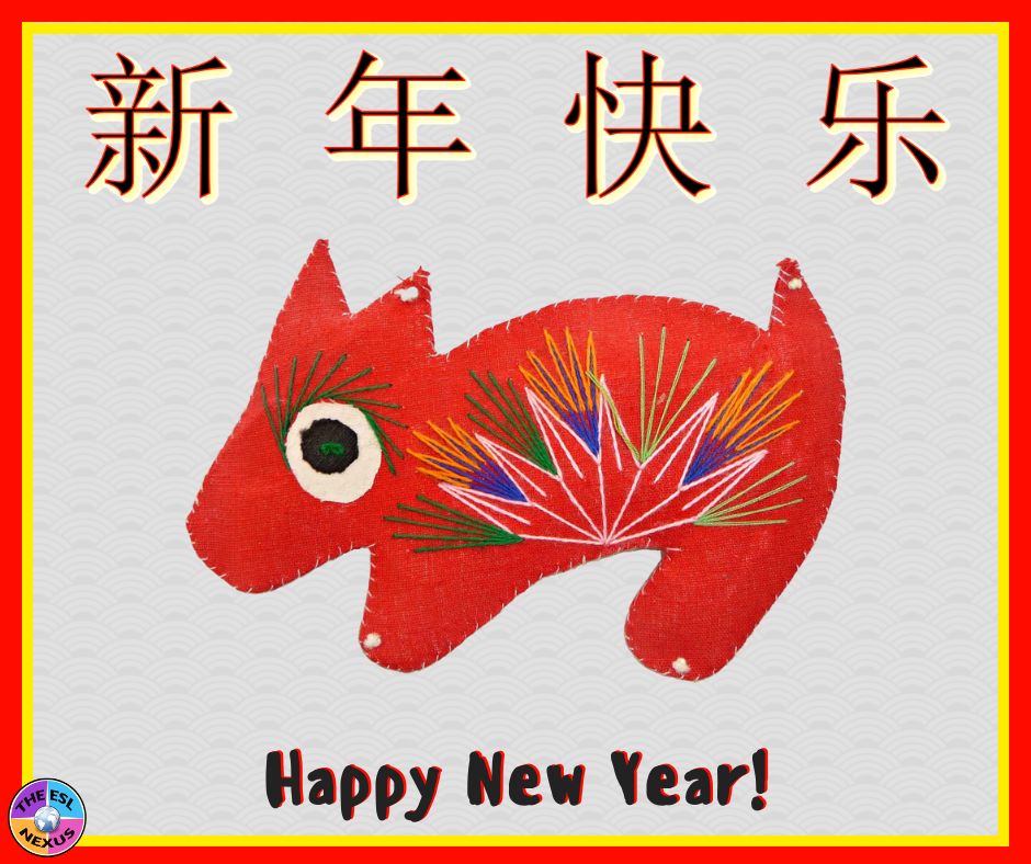 Image showing the Chinese zodiac animal of a rabbit, with Happy New Year in Chinese characters above and the English phrase underneath