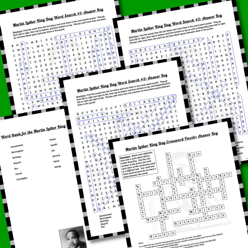 3 word search puzzles and a crossword puzzle with word bank for Martin Luther King, Jr. Day are shown on a green background