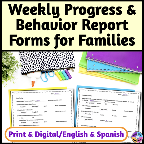 Cover of Weekly Progress Update forms TPT resource showing title in black at top, mockup of plant and pencil case and folders underneath, with sample pages from resource below that and additional text in purle at bottom stating the resource has print & digital forms and comes in Spanish and English.