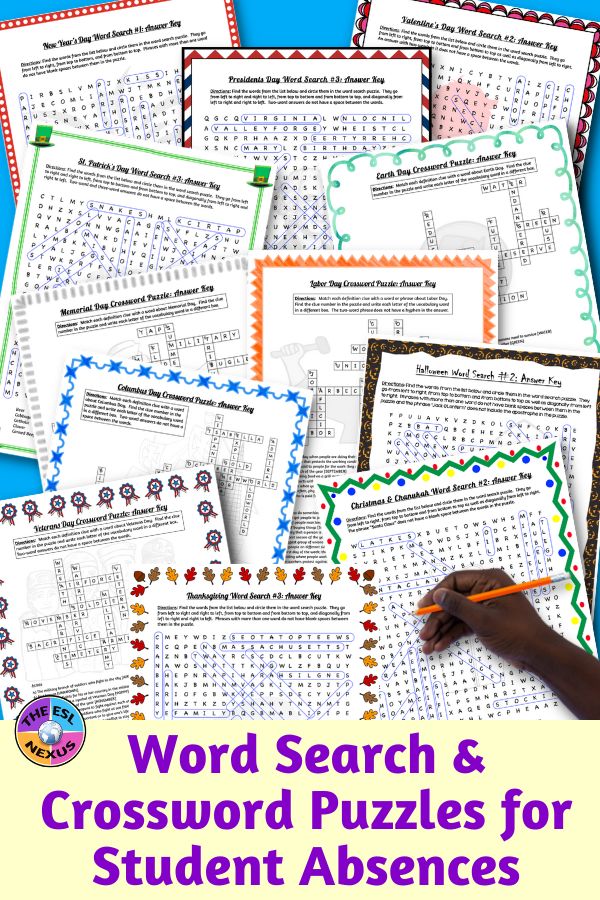 Display of several word search and corssword puzzles for US holidays and a hand with a pencil in the bottom right corner doing a puzzle