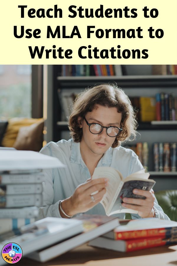 Title text at top in black on pale yellow background, photo of male student seated at table in library reading a book with others stacked on table and a bookcase in the back.