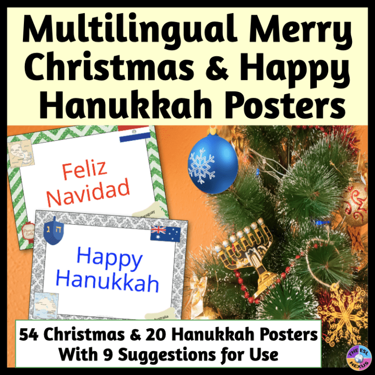 Cover of TPT resource titled Multilingual Merry Christmas & Happy Hanukkah Posters.