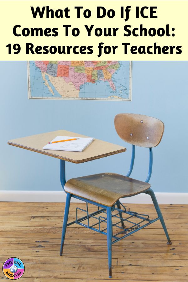 Title in black on pale yellow background at top, with wooden chair and attached desktop with notebook and pencil laying on it in center, and blue wall with map of partial US displayed behing it.