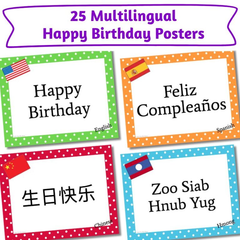 title in purple text at top inside a white banner and 4 posters saying Happy Birthday in 4 languages angled below.