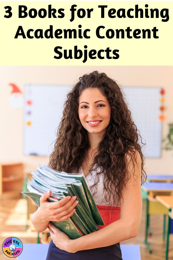 Title in black on pale yellow background at top, with a smiling ethnic-looking woman with long brown hair holding a stack of textbooks in her arms in the middle of a classroom.