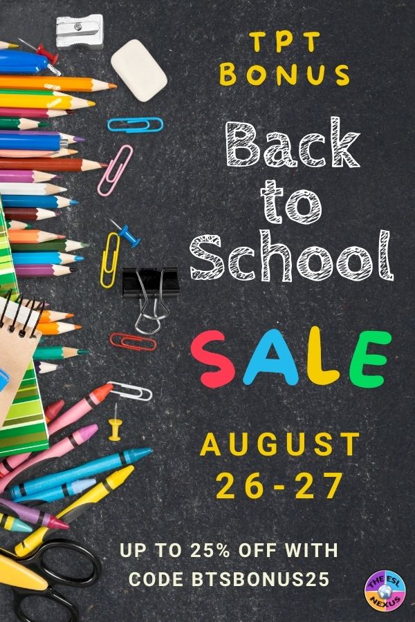 TPT Back to School Bonus Sale announcement, with colorful text in center right and various school supplies in center left.