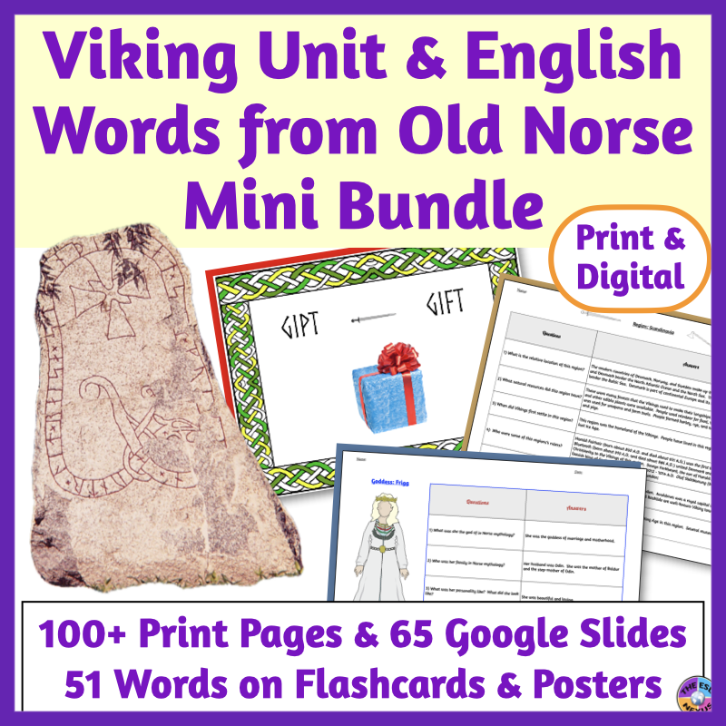 Cover of TPT bundle with text in purple on pale yellow background at top, photo of runestone at center left, 3 pages from bundle angled at center right, and more text in purple at the bottom.