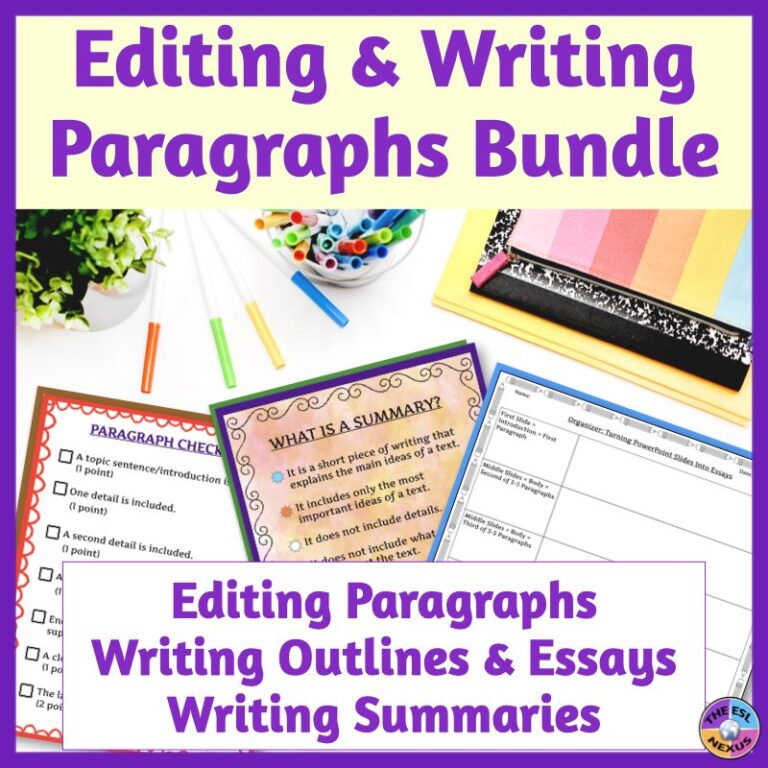 Cover of TPT bundle about editing paragraphs, writing outlines and essays, and writing summaries with title in purple at top on pale yellow background, mockup of school supplies on desk underneath and three sample pages in center, and more explanatory text in purple at the bottom.