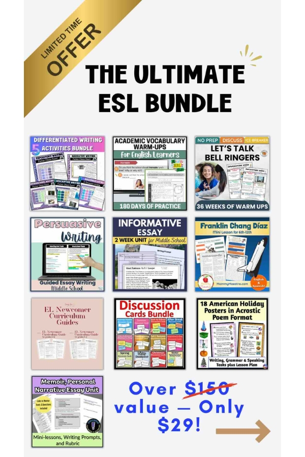 Sale graphic for The Ultimate ESL Bundle, showing covers of the 10 resources in it and the discount price for the bundle.