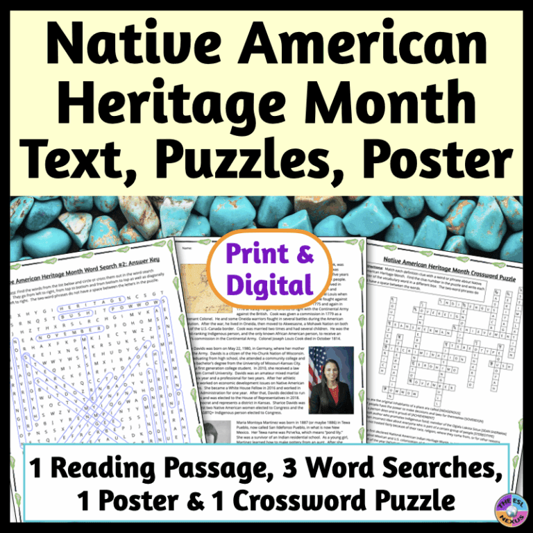 Cover of TPT resource about Native American Heritage Month, with title at top, turquoise stones photo under title, 3 sample pages in center, and more text at bottom.