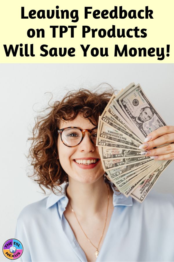 Black text on pale yellow background at top and photo of curly-haired smiling white woman with glasses dressed in pale blue blouse holds $5, $10, and $20 dollar bills in her left hand in front of her face underneath.