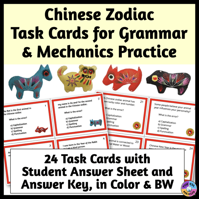 Cover of TPT resource titled Chinese Zodiac Task Cards for Grammar and Mechanics Practice.