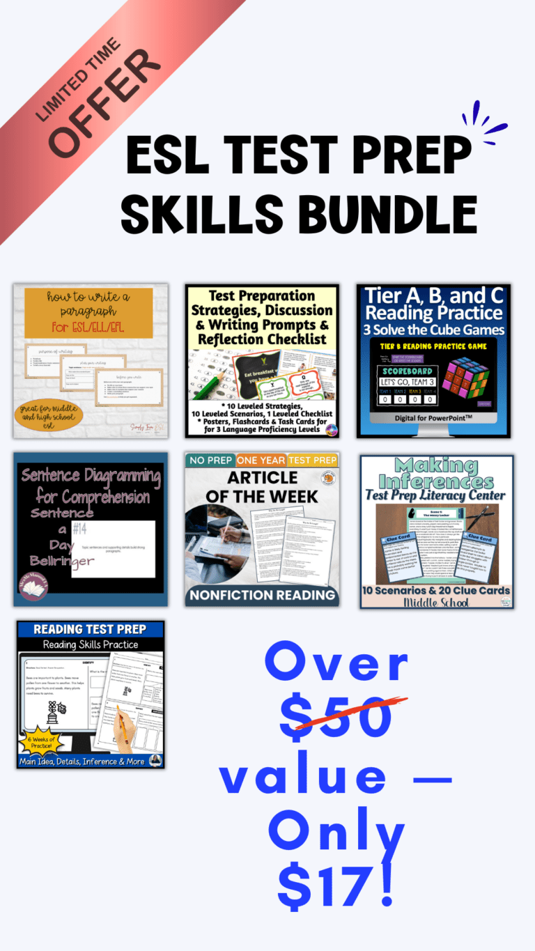 Covers of the 7 resources in the ESL Test Prep Skills Bundle, with the discount price at the bottom.