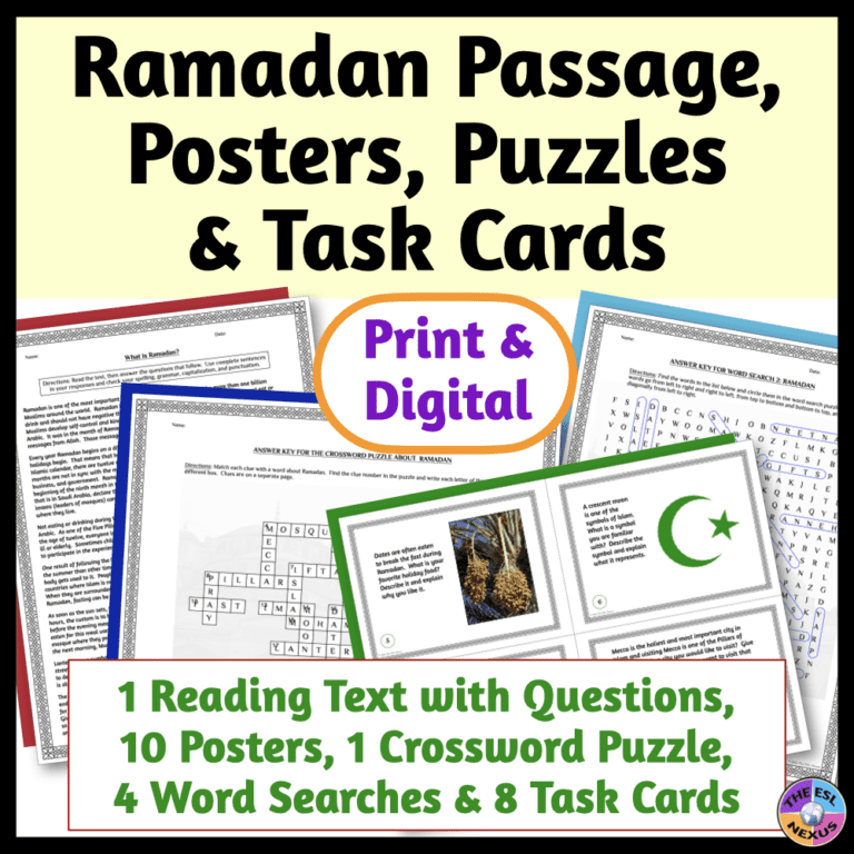 Cover of TPT resource titled Ramadan Passage, Posters, Puzzles and Task Cards.