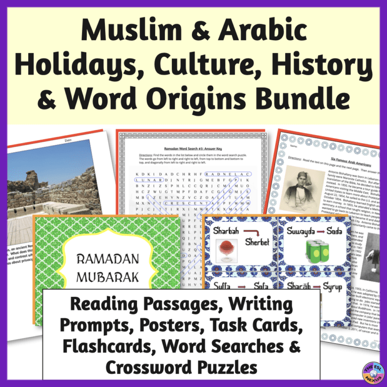 Cover of TPT resource about Ramadan and Eid al Fitri holidays, Arab-American Heritage Month, Ramadan posters, writing prompts about Turkey, and English words from Arabic showing sample pages from the bundle.