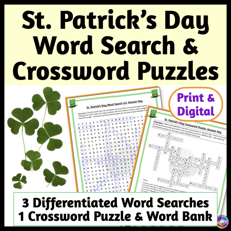 Cover of TPT resource with word search and crossword puzzles for St. Patrick's Day, showing 2 sample pages.