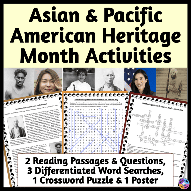 Cover of TPT resource about Asian and Pacific American Heritage Month, with title text in black on pale yellow background at top, photos of 6 people in a row underneath, 3 sample pages angled in the center, and additional text in black at the bottom.