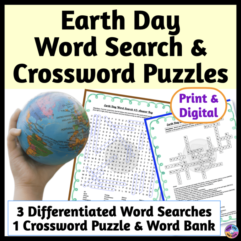 Cover of TPT resource with word search and crossword puzzles for Earth Day, showing a hand holding a globe at center left and 2 sample pages at center right, with additional text in black at bottom.