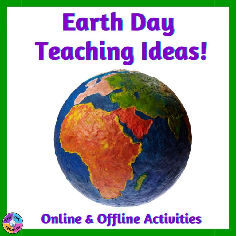 Title in purple text at top that says "Earth Day Teaching Ideas!" with picture of earth in center and more purple text at bottom.