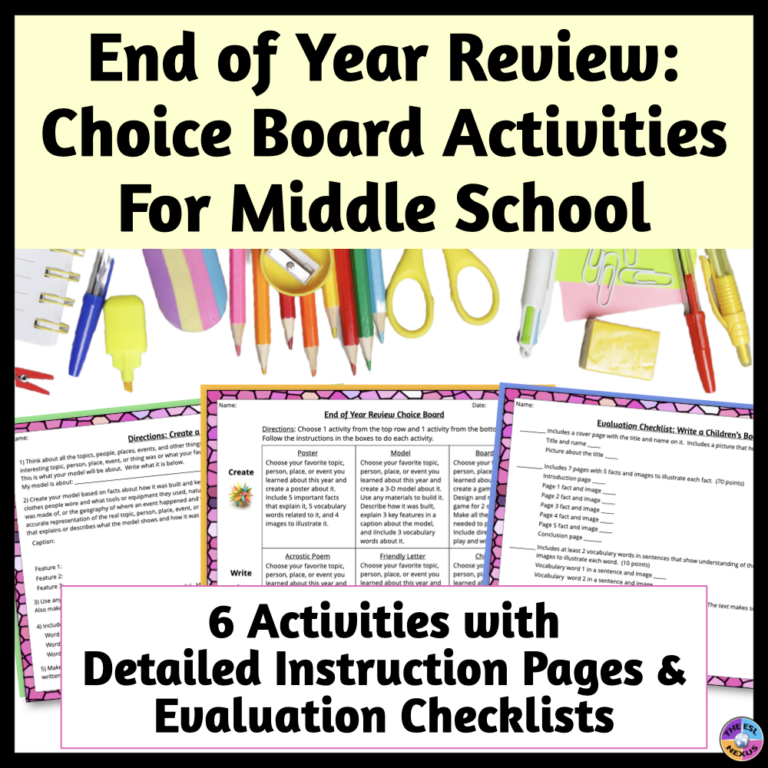Cover of TPT product titled End of Year Review: Choice Board Activities for Middle School, with title in black on pale yellow background a mockup of school supplies underneath, 3 sample pages angled in the center, and more explanatory text text in black at the bottom.