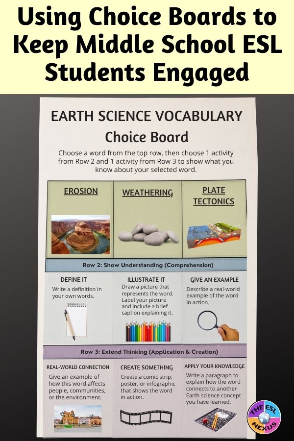 Blog post title about using choice boards at top in black text with image of Earth Science choice board underneath.