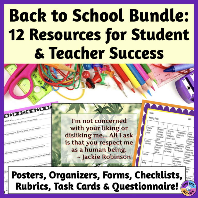 Cover of TPT bundle of 12 resources that support teachers and students at the beginning of a new school year and throughout the year, with title in black on pale yellow background at top, mockup of school supplies underneath, 3 sample pages angled in center, and more text in black at the bottom.