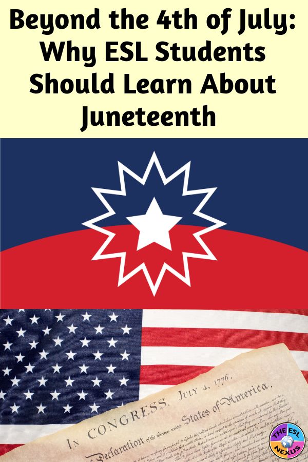 title of blog post about helping ESL students learn about Juneteenth in black text on pale yellow background at top, with Juneteenth flag under title and American flag with part of Declaration of Independence at the bottom.