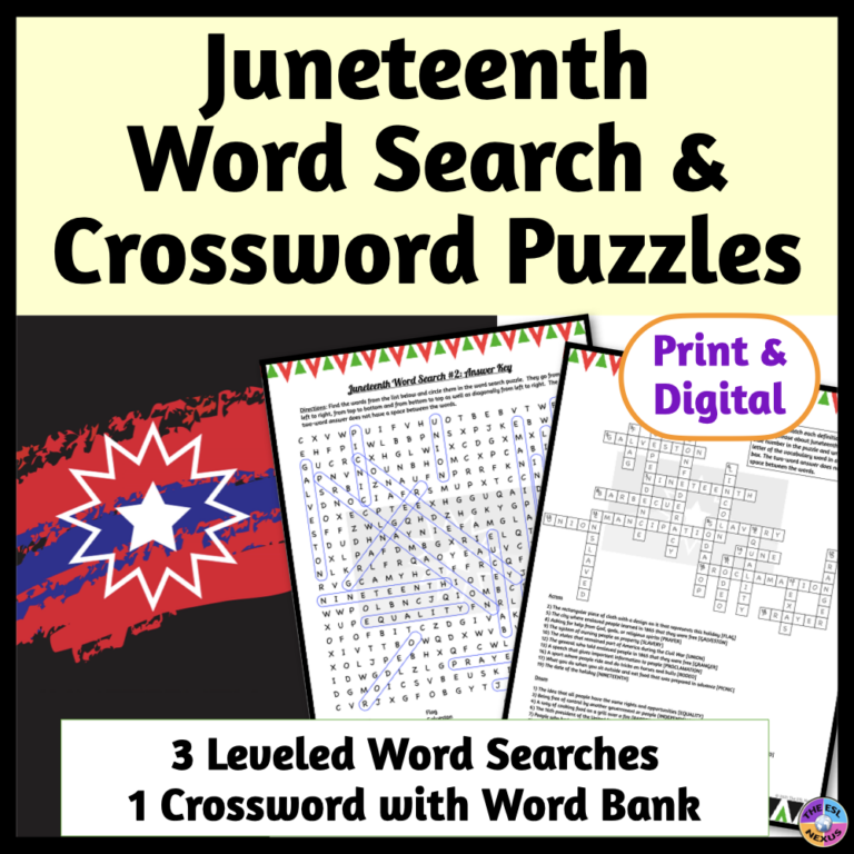 Cover of TPT resource with title Juneteenth Word Search and Crossword Puzzles in black on pale yellow background at top, Juneteenth flag at center left, 2 sample pages angled at center right, more text at center right about print and digital versions and more explanatory text at bottom.