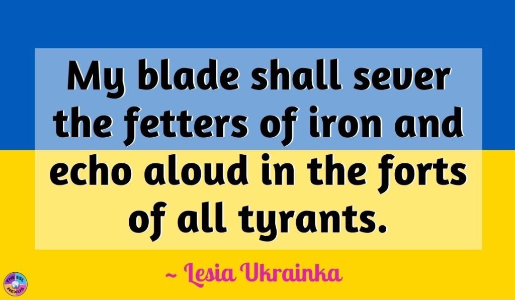 Quotation by Lesia Ukrainka to support Ukraine, overlaid on Ukrainian flag image.