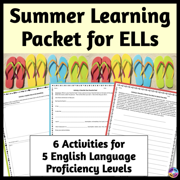 Cover of TPT resource with 6 activities for ESL students to do on vacation' title in black at top on pale yellow background, photo of flip flops on sand underneath, 3 sample pages angled in center, more explanatory text in black at the bottom.