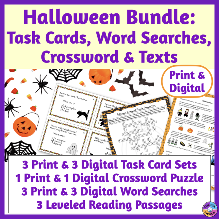 Cover of TPT bundle of Halloween resources that include task cards, word search and crossword puzzles, and leveled reading passages.